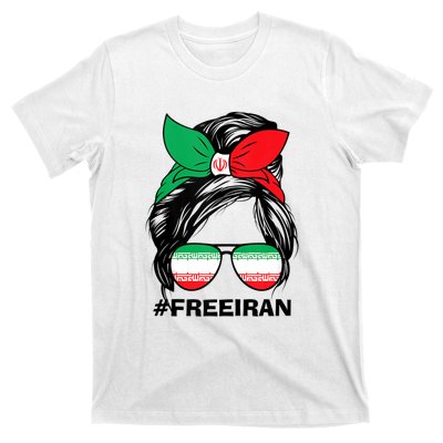 Free Iran Women Life Freedom Messy Bun Iranian Flag T-Shirt