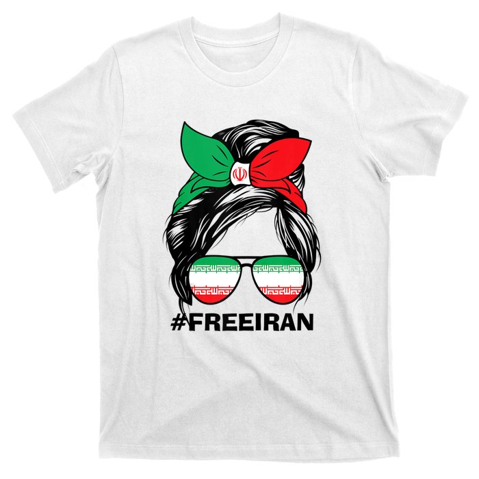 Free Iran Women Life Freedom Messy Bun Iranian Flag T-Shirt