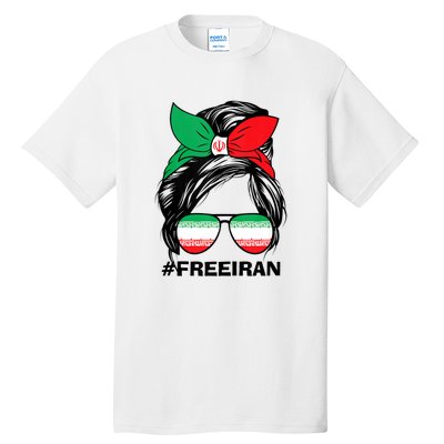 Free Iran Women Life Freedom Messy Bun Iranian Flag Tall T-Shirt