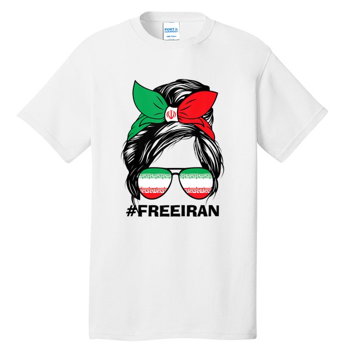 Free Iran Women Life Freedom Messy Bun Iranian Flag Tall T-Shirt