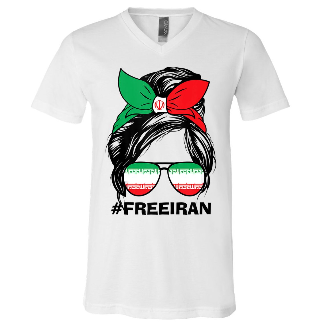 Free Iran Women Life Freedom Messy Bun Iranian Flag V-Neck T-Shirt