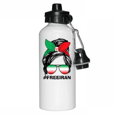 Free Iran Women Life Freedom Messy Bun Iranian Flag Aluminum Water Bottle