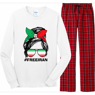 Free Iran Women Life Freedom Messy Bun Iranian Flag Long Sleeve Pajama Set