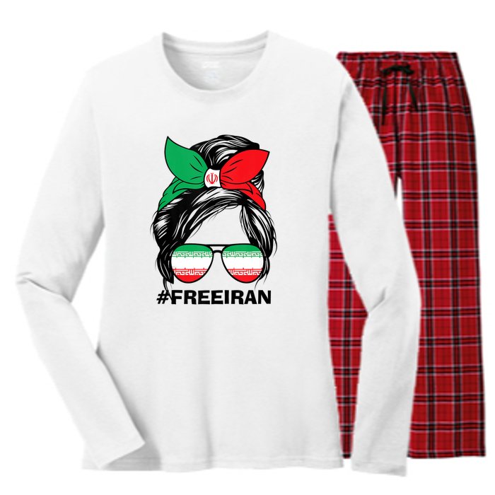 Free Iran Women Life Freedom Messy Bun Iranian Flag Women's Long Sleeve Flannel Pajama Set 