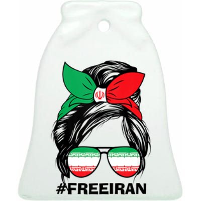 Free Iran Women Life Freedom Messy Bun Iranian Flag Ceramic Bell Ornament