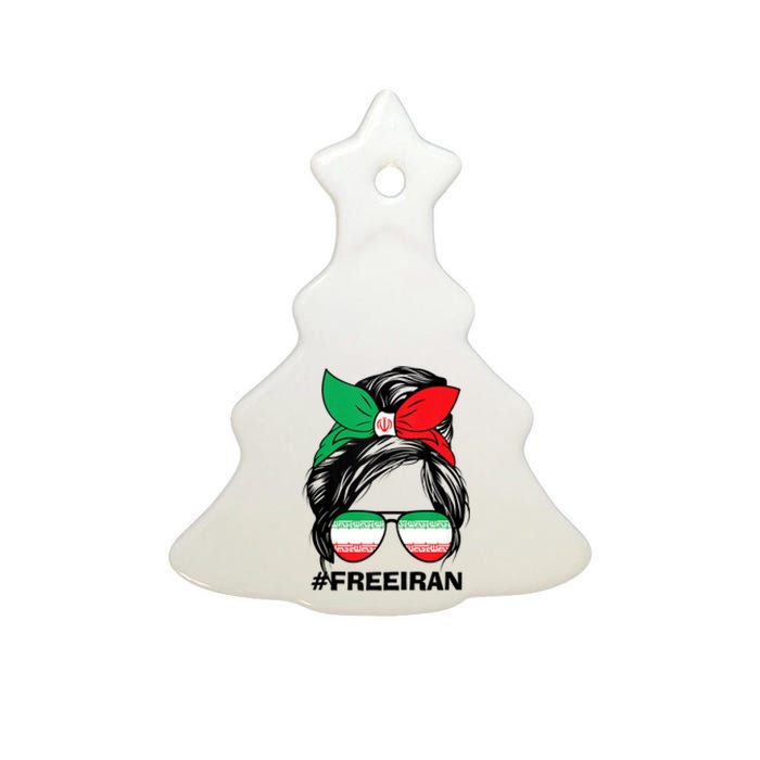 Free Iran Women Life Freedom Messy Bun Iranian Flag Ceramic Tree Ornament