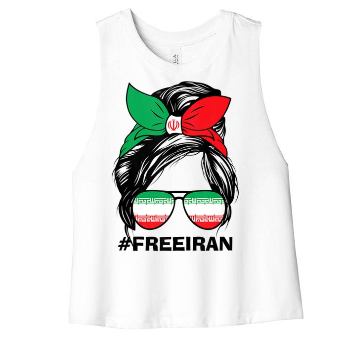 Free Iran Women Life Freedom Messy Bun Iranian Flag Women's Racerback Cropped Tank