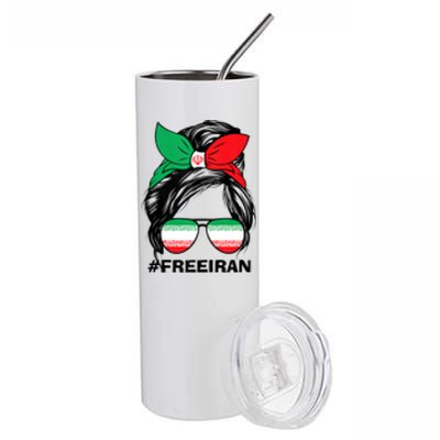 Free Iran Women Life Freedom Messy Bun Iranian Flag Stainless Steel Tumbler