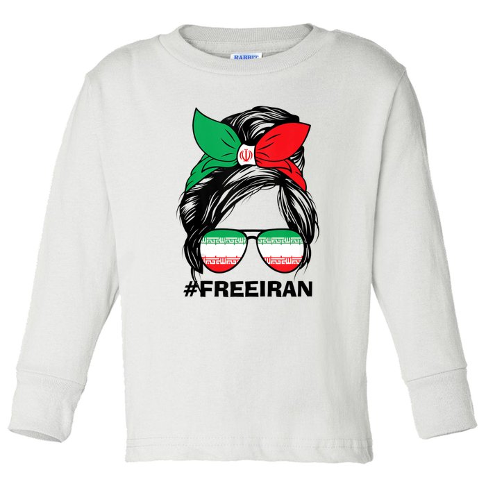 Free Iran Women Life Freedom Messy Bun Iranian Flag Toddler Long Sleeve Shirt