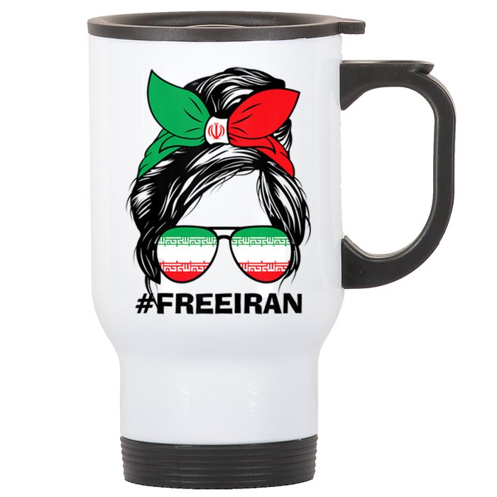 Free Iran Women Life Freedom Messy Bun Iranian Flag Stainless Steel Travel Mug