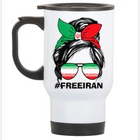 Free Iran Women Life Freedom Messy Bun Iranian Flag Stainless Steel Travel Mug