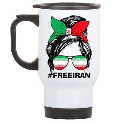 Free Iran Women Life Freedom Messy Bun Iranian Flag Stainless Steel Travel Mug