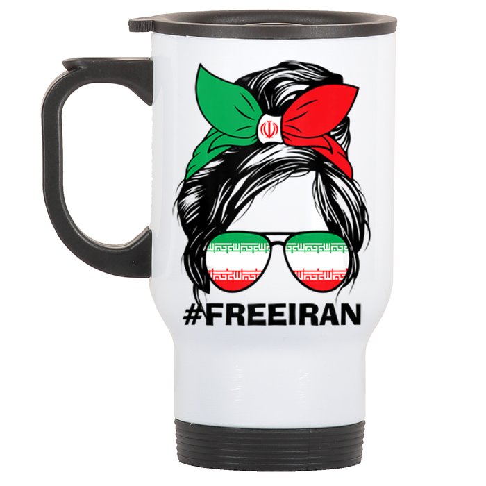 Free Iran Women Life Freedom Messy Bun Iranian Flag Stainless Steel Travel Mug