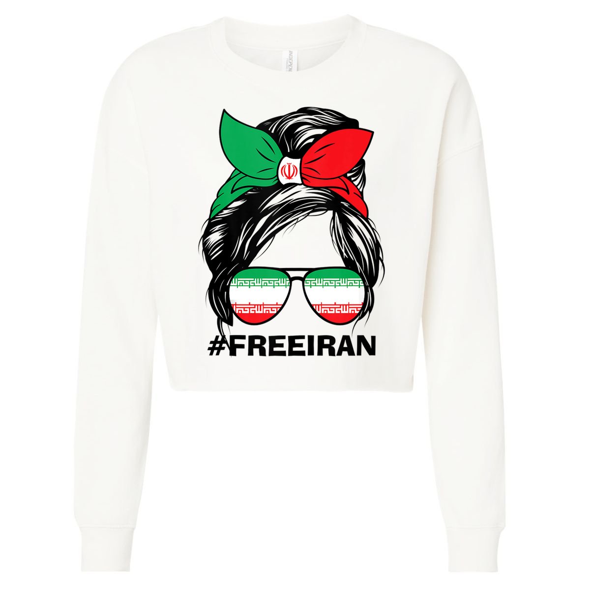 Free Iran Women Life Freedom Messy Bun Iranian Flag Cropped Pullover Crew