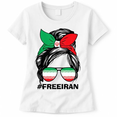 Free Iran Women Life Freedom Messy Bun Iranian Flag Womens T-Shirt