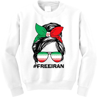 Free Iran Women Life Freedom Messy Bun Iranian Flag Kids Sweatshirt