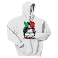 Free Iran Women Life Freedom Messy Bun Iranian Flag Kids Hoodie