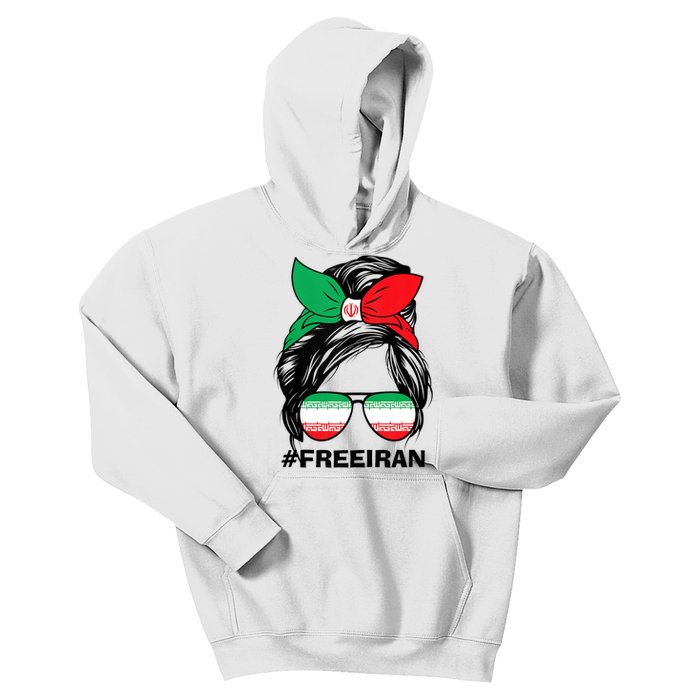 Free Iran Women Life Freedom Messy Bun Iranian Flag Kids Hoodie