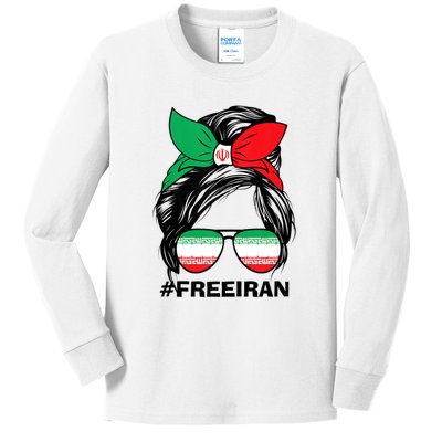 Free Iran Women Life Freedom Messy Bun Iranian Flag Kids Long Sleeve Shirt