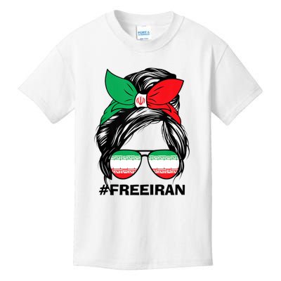 Free Iran Women Life Freedom Messy Bun Iranian Flag Kids T-Shirt