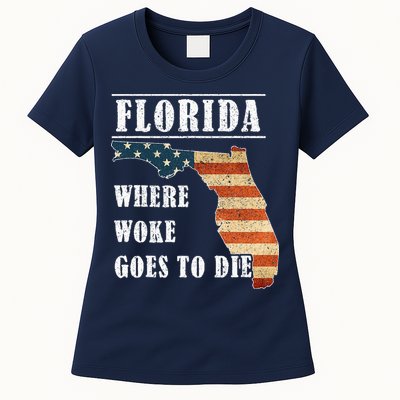 Florida Is Where Woke Goes To Die DeSantis Florida USA Flag Womens T-Shirt