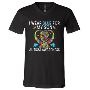 funny I Wear Blue For My Son Autism Awareness V-Neck T-Shirt