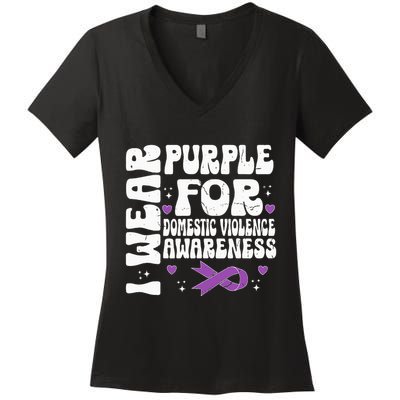 funny I Wear Purple Domestic Violence Awareness Women's V-Neck T-Shirt