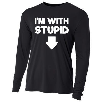 Funny Im With Stupid Pointing Down Cooling Performance Long Sleeve Crew