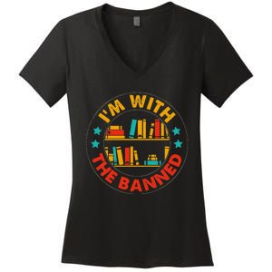 Funny I'm With The Banned Bookshelf Bookworm Book Lovers Women's V-Neck T-Shirt