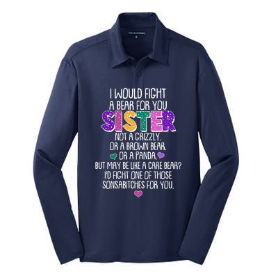 Funny I Would Fight A Bear For You Sister Silk Touch Performance Long Sleeve Polo