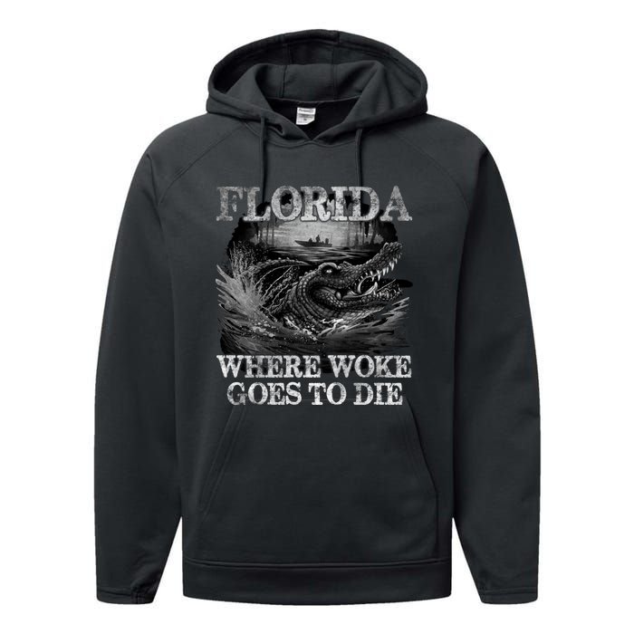 Florida Is Where Woke Goes To Die Crocodile Alligator Performance Fleece Hoodie