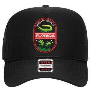 Florida Is Where Woke Goes To Die Crocodile Alligator High Crown Mesh Back Trucker Hat