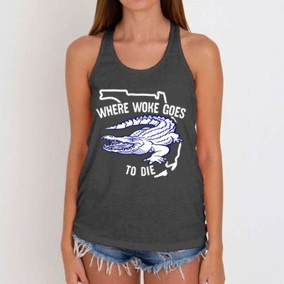 Florida Is Where Woke Goes To Die DeSantis Florida Funny Women's Knotted Racerback Tank