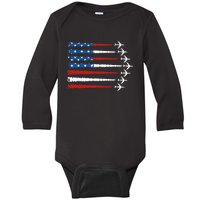 Fighter Jet 4th Of July Patriotic Usa American Flag Baby Long Sleeve Bodysuit