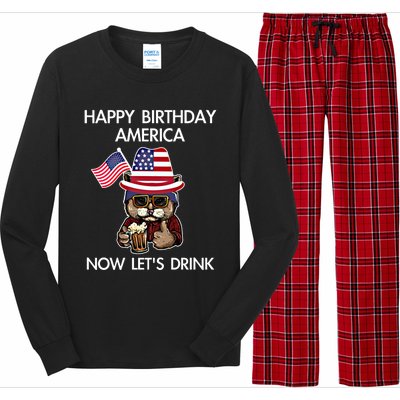 Funny July 4th Happy Birthday America Cat Let's Beer Gift Long Sleeve Pajama Set