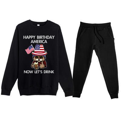 Funny July 4th Happy Birthday America Cat Let's Beer Gift Premium Crewneck Sweatsuit Set