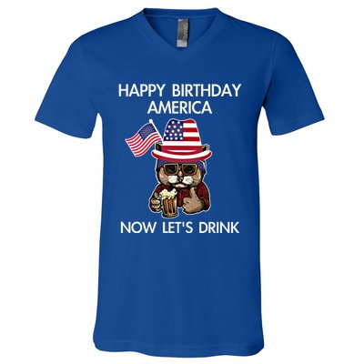 Funny July 4th Happy Birthday America Cat Let's Beer Gift V-Neck T-Shirt