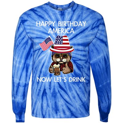 Funny July 4th Happy Birthday America Cat Let's Beer Gift Tie-Dye Long Sleeve Shirt