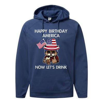 Funny July 4th Happy Birthday America Cat Let's Beer Gift Performance Fleece Hoodie