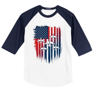 Fighter Jet Airplane American Flag Patriotic 4th Of July Baseball Sleeve Shirt