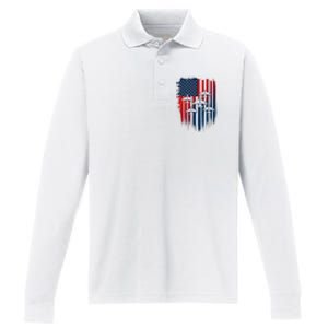 Fighter Jet Airplane American Flag Patriotic 4th Of July Performance Long Sleeve Polo