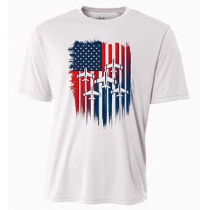 Fighter Jet Airplane American Flag Patriotic 4th Of July Cooling Performance Crew T-Shirt