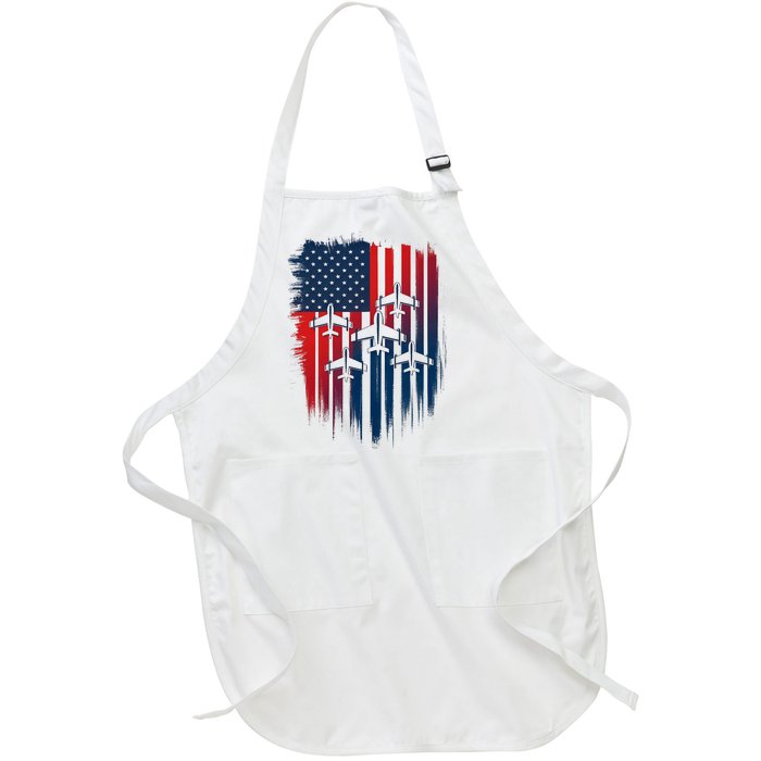 Fighter Jet Airplane American Flag Patriotic 4th Of July Full-Length Apron With Pockets