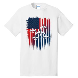 Fighter Jet Airplane American Flag Patriotic 4th Of July Tall T-Shirt