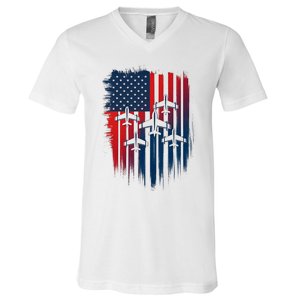 Fighter Jet Airplane American Flag Patriotic 4th Of July V-Neck T-Shirt