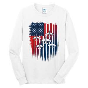 Fighter Jet Airplane American Flag Patriotic 4th Of July Tall Long Sleeve T-Shirt