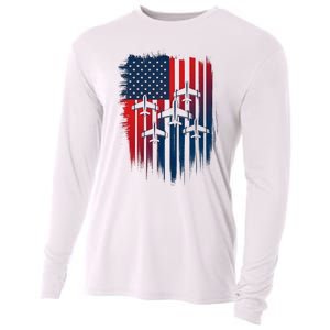 Fighter Jet Airplane American Flag Patriotic 4th Of July Cooling Performance Long Sleeve Crew