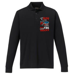 Firefighter Just A Boy Who Loves Fire Trucks Performance Long Sleeve Polo