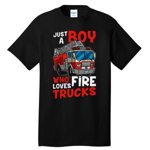 Firefighter Just A Boy Who Loves Fire Trucks Tall T-Shirt