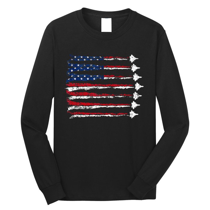 Fighter Jet Airplane Usa Flag Long Sleeve Shirt